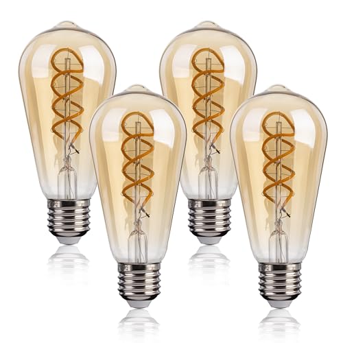FLSNT Dimbar Edison E27 vintage lampa, ST58 retro LED spiral filament dekorativ lampa, 4W (motsvarande 40 W), varmvit 2200K, CRI90, bärnstensglas, set med 4 st