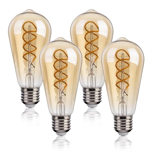 FLSNT Regulable Bombilla LED Vintage Edison E27, ST58 Retro Espiral filamento Decorativa Bombillas, 4W(40W equivalente), Blanco cálido 2200K, Vidrio ámbar, CRI90, 4 Paquete