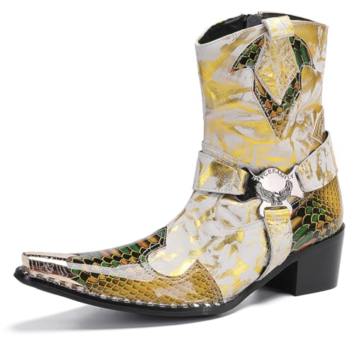 Santimon Men's Dress Casual Cowboy Boots - Genuine Leather Western Boots with Buckle Chain & Metal Wingtip Toe for Wedding, Party Disco & Motorcycle