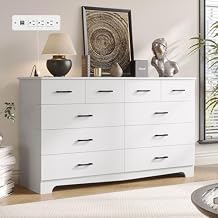 DICTAC White Dresser for Bedroom with 10 Drawers, Large Chest of Drawers Storage Organizer, Long Dresser TV Stand with Power Outlets, Wide Dressers for Bedroom, Living Room 55.1" W x 32.3" H x 15.8" D
