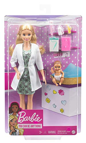 Barbie GVK03 - Kinderärztin-Spielset mit blonder Barbie-Puppe (ca. 30 cm), Babypuppe, Stethoskop, Thermometer, Oszilloskop, Klemmbrett, Decke und Babyfläschchen, tolles Geschenk für Kinder ab 3 Jahren – Bild 4
