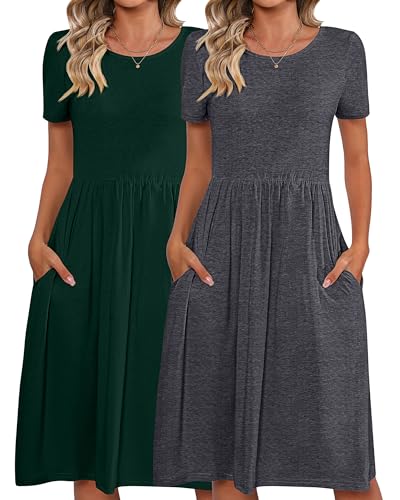Riyiper 2 Pack Women Short Sleeve Dresses, Loose Fit Casual T Shirt Dress, Ladies Knee Length Swing Dress with Pockets