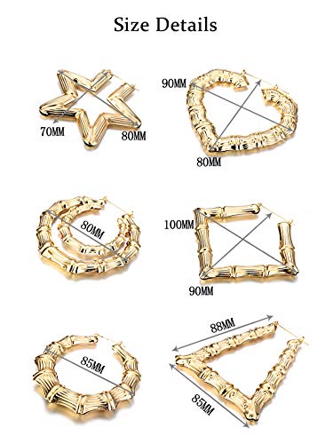 HANPABUM Bamboo Hoop Earrings for Women Gold Bamboo Heart Hoop Earrings 90s Large Geometric Door Knocker Earrings Hip-Pop Fashion Rapper Jewelry, 3-6Pairs3