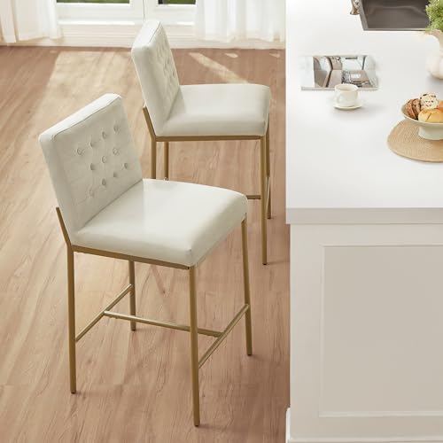 Image of CHITA Modern Bar Stools with Tufted Back Set of 4, 26 inch Counter Height Bar Stool with Metal Legs for Kitchen Island & Dining Room, Ivory Fabric, Gold Frame