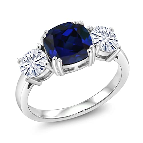 Gem Stone King 3.50 Cttw Created Sapphire and Moissanite 3 Stone Engagement Ring For Women | 925 Sterling Silver | September Birthstone | Cushion 8MM | Available in Size 5,6,7,8,92