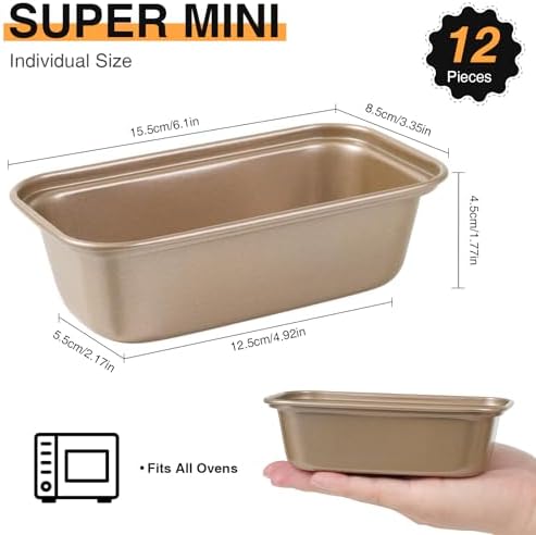 12PCS Mini Loaf Pans for Baking Bread, 6 x 3 x 2 Inches Small Banana Bread Pan Nonstick, Rectangle Carbon Steel Baking Pan for Homemade Bread Meatloaf Loaf Cake, Oven Available, Gold - Thumbnail 2
