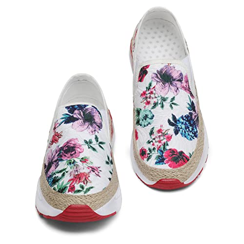 Dannto Women'S Art Loafers Embroidered Floral Boat Sneakers Slip-On Ladies Walking Shoes Red White 38,Size 7.5 thumb #5