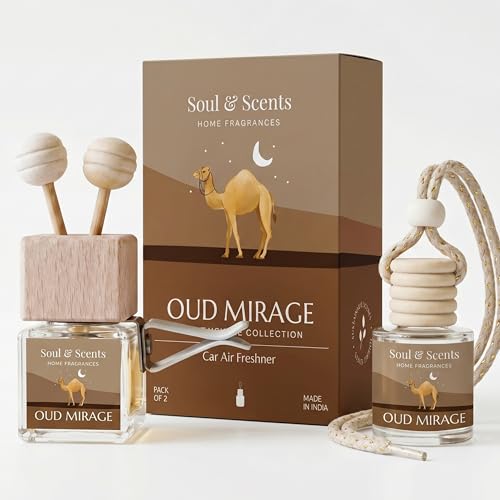 Image of Soul & Scents 16ml Luxury Car Perfumes Agarwood | Oud Mirage | 2-in-1 Hanging Pod & AC Vent Air Freshener | Premium Wooden Car Fragrance Accessory | Long Lasting Odour Eliminator | Pack of 2