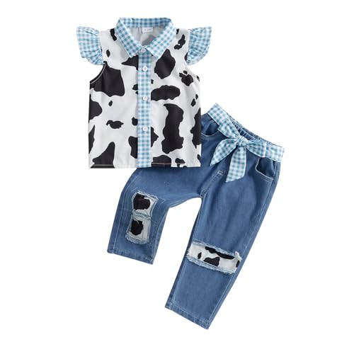 Emmababy Toddler Cowgirl Denim Outfit Cow Print Plaid Shirt Button Down Top Pants Set Ripped Jeans Western Baby Girl Clothes
