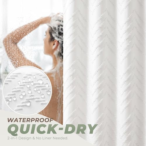 White Boho Fabric Shower Curtain 72 x 72 Inches, Modern Shabby Chic Textured Tufted Chevron Striped Minimalist Cloth Bathroom Shower Curtain - 3