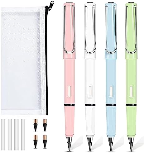 Lyomied 4Pcs Inkless Pencils Eternal, Everlasting Magic Pencil with Eraser, and 4 Replacement Nibs,Unlimited Writing, Reusable Infinity Pencil, NO-Sharpening Pencils for Kids, Writing Sketch