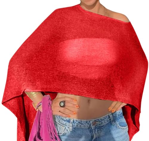 Vicarly Off The Shoulder Sheer Crochet Vacation Outfits Poncho Sweater Top Summer Beach Cover Up Women See Though Thru Festival Shawls Bolero Shrug Rave Resort Going Out Wear Swimsuit Red Medium