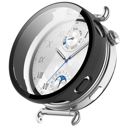 OUZAN Funda protectora compatible con Huawei Watch GT 6 de 46 mm, carcasa rígida de policarbonato de cuerpo completo y protector de pantalla de vidrio templado HD (negro)
