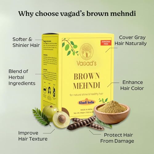 Image of VAGAD'S Herbal Brown Mehndi for Hair, 100g | Henna with Amla, Shikakai & Hibiscus | Rich Brown Tone with Grey Blending & Natural Shine | Herbal Hair Colour for All Types Smooth & Manageable