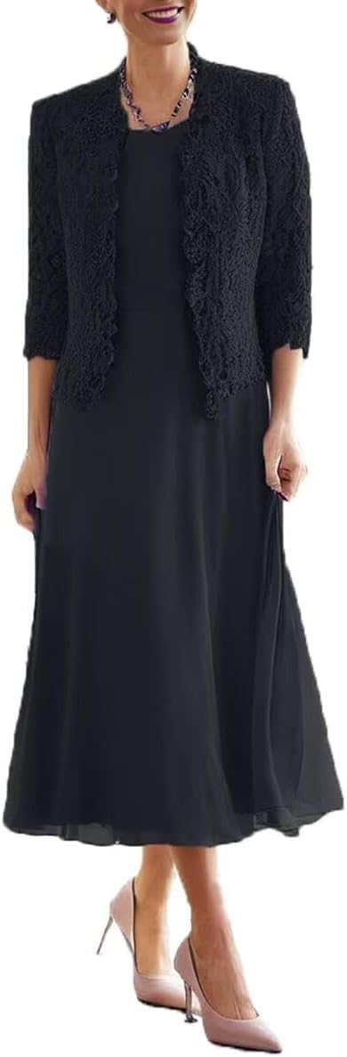 Tea Length Grandmother of The Bride Dresses with Jackets Elegant Laces Mother of Bride Dress for Wedding Guests