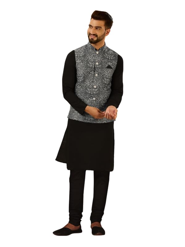Image of KISAH Men Printed Kurta Jacket Set, Full Sleaves, Knee Length, Straight, Regular Fit, Mandarin Collar Ethnic Wear