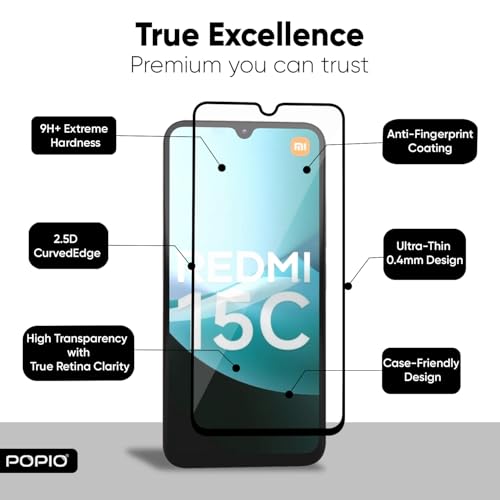 Image of POPIO Military-Grade Gorilla Tempered Glass for Xiaomi Redmi 15C 5G / Xiaomi Poco C85 5G | 9H Hardness, Edge-to-Edge, Bubble-Free