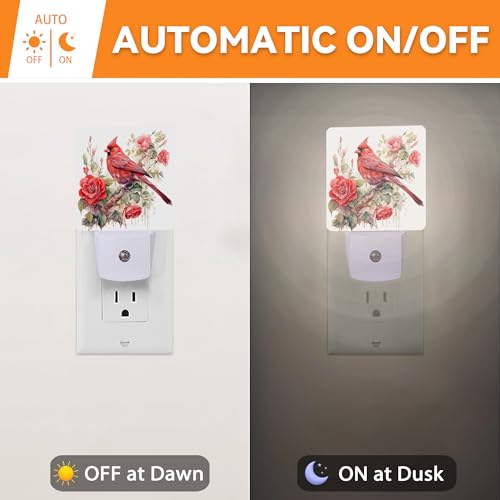 Image of Red Cardinal Birds Cherry Flowers Dusk to Dawn Night Light, Auto Sensor Lamp Home Indoor Stairway Kitchen Corridor, Night Lights Plug into Wall Decor, Boys Girls Women Men Room Gifts