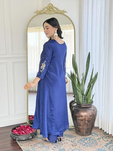 Image of Naixa Women's Silk Chiffon Embroidered A-Line Kurta with Rayon Pant and Silk Chiffon Laced Dupatta Sets (Available in Plus Size) (NX-661)