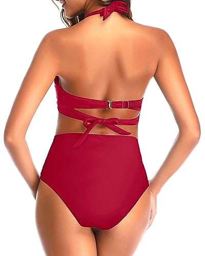 image for Tempt Me Women's Vintage Swimsuits Red Retro Halter Ruched High Waist 