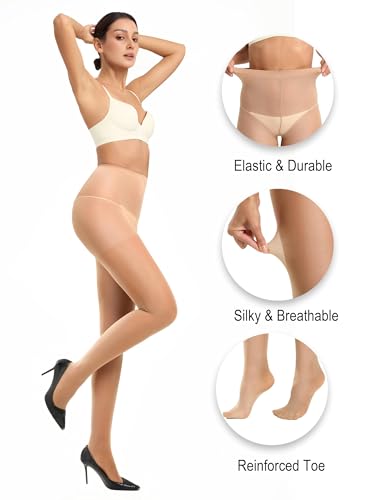 Image of CozyWow 40D Sheer Tights for Women, Durable Control Top Pantyhose, High Waist Stockings with Reinforced Toe