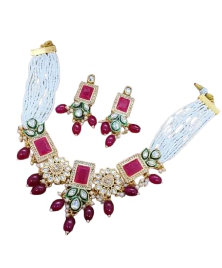 Gargantilla tradicional india Kundan con acabado chapado en oro y piedras rubí de alta joyería