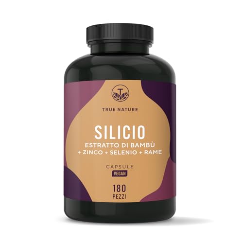 Silicio Organico - 180 Capsule - 6 Mesi di Scorta - Alto Dosaggio 643mg per Capsula - Bambù Indiano - Vitamine Capelli e Unghie - Zinco, Selenio, Rame - TRUE NATURE