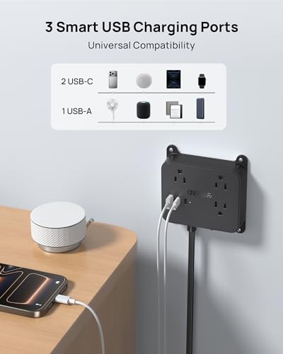 Image of TROND Flat Plug Power Strip, 3FT Short Extension Cord with 3 AC Outlets