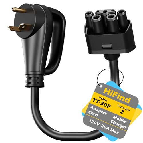 HiFind NEMA TT-30 Adapter Plug for Tesla Gen 2 Mobile Charger 1 Ft with Grip Handle TT-30P Generator Plug to Portable Mobile Adapter Cord 120V 30 Amp Fast Charging for EV Model S/3/X/Y ETL