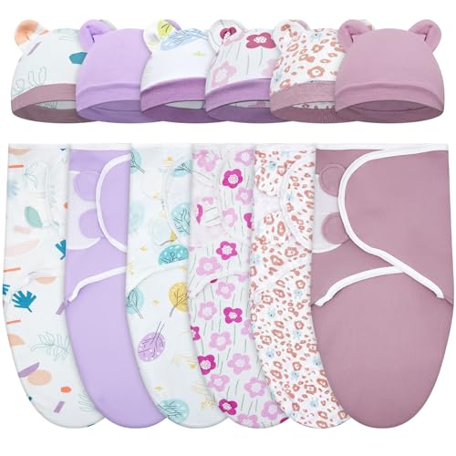 Image of Ramede 6 Pack Swaddle Blanket with Hats for Baby Girl Boy 100% Cotton Swaddles 0-3 Months, Adjustable Breathable Skin Friendly Receiving Blanket Wrap, Essential for Newborns(Tree,Purple)