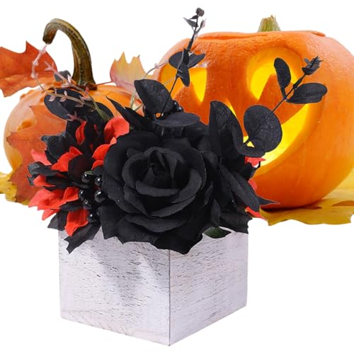 Generisch Ramo de flores de Halloween - Ramo negro artificial para el día de con jarrón de madera - Decoraciones duraderas de Halloween, decoración de escritorio para apartamentos de alquiler y