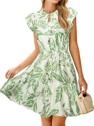 Image of Simplee Womens Summer Dress 2026 Ruffle Short Sleeve Floral Boho Dress V Neck A-line Drawstring Mini Dress with Pockets