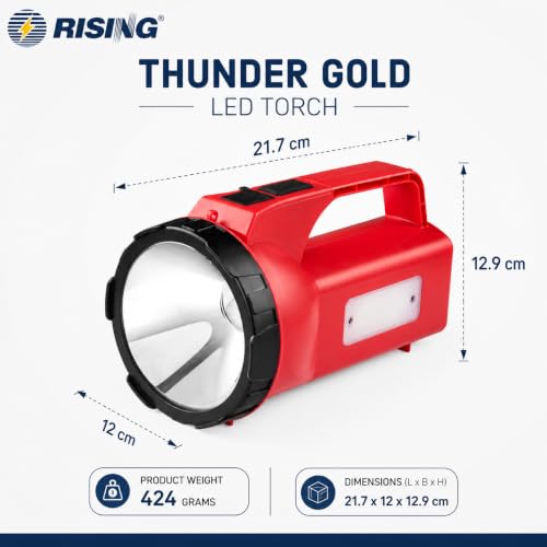 Image of RISING Thunder Gold Rechargeable 5W LED Torch with Emergency Sidelight | 4000mAh Li-ion Battery | Type-C Fast Charging with Power Bank Option| 1KM Long Range Beam | Upto 12 Hours Backup