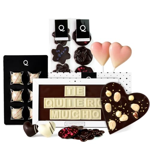 Quierochocolate – Pack de Chocolate San Valentín con Rosas y Corazones de Chocolate – Chocolate Artesanal Sin Gluten – Regalo Gourmet para Enamorados – Edición Especial 350g