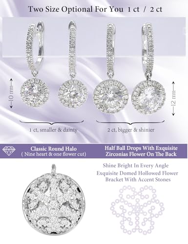 Round Cubic Zirconia Dangle Earrings for Women in White Gold Plated, Cz Halo Design and Half Ball Ear Drops with Paved Simulated Diamond, Lever Back and Sterling Silver Post3