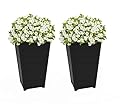 Keter Set of 2 Resin Modern Outdoor 22 Inch Tall Large Flower Pots, Tapered Wood Look Planters for Outdoor Plants and Front Porch Decor, Graphite