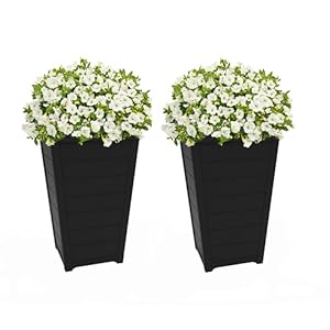 Keter Set of 2 Resin Modern Outdoor 22 Inch Tall Large Flower Pots, Tapered Wood Look Planters for Outdoor Plants and Front Porch Decor, Graphite