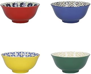 KitchenCraft Patterned Cereal Bowl Set in Gift Box, 4 Ceramic Bowls Ideal for Ice Cream, Soup and More, 'World of Flavours' Designs, 15cm