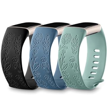 DaQin Pacote com 3 pulseiras florais gravadas compatíveis com Fitbit Charge 6/Fitbit Charge 5 pulseiras para mulheres e homens, pulseira a laser floral macia respirável esportiva fofa para Fitbit Charge 5 Band/Charge 6, pequeno