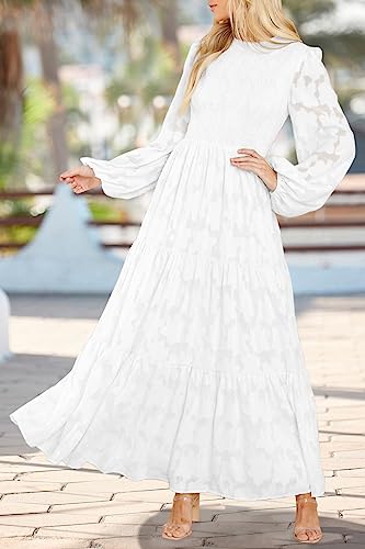 MITILLY Women's Elegant Floral Long Sleeve Round Neck Smocked A-Line Flowy Tiered Maxi Dress with Pockets2