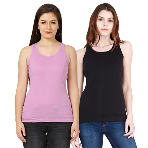 Image of FLEXIMAA Women's Cotton Plain Round Neck Sleeveless T-Shirt