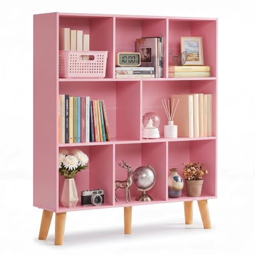 YAHARBO 8 Cube Bookshelf,3 Tier Bookcase with Legs,Light Pink Mid-Century Modern Bookshelves,Large Free Standing Open Storage Organizer Shelf,Tall Wooden Book Case Furniture for Bedroom,Living Room