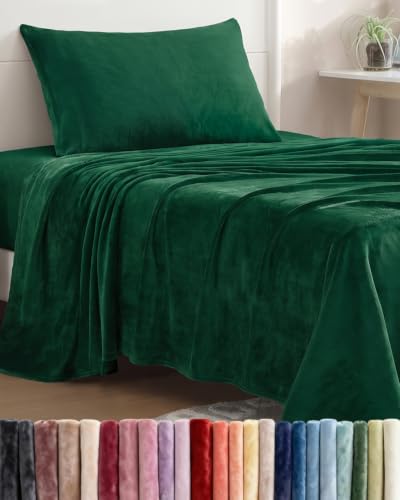 Image of Fleece Sheets Twin Size Set - 3-Piece Flannel Sheet Set - Forest Green