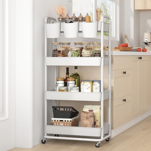 JIUYOTREE Carrito de Almacenamiento de plástico de 4 Niveles con Asas para Colgar adicionales, Ruedas bloqueables para Sala de Estar, baño, Cocina, Oficina, Color Blanco - imagen 6