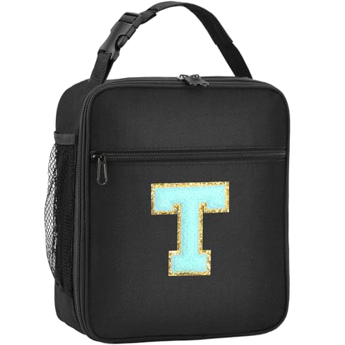 SANBADA Initial Insulated Lunch Bag, Lunch Box with Initial Letter Patch for Teen Adult, Reusable Lunch Bag for Men Women, Ideal Back to School Gift Birthday Gift, Blue T