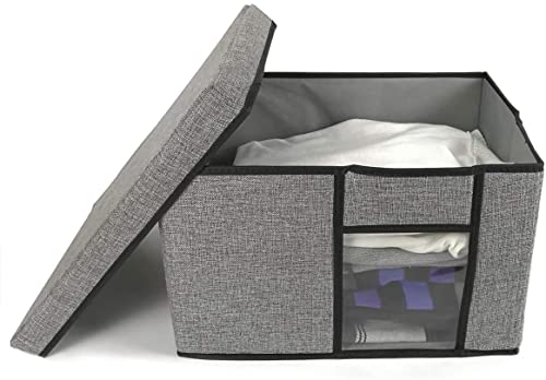 Image of Double R Bagd Fabric Storage Bins with Lid, 2 Handles and Clear Window, 16x12x10 inches (LxWxH) Washable Foldable Storage Basket Cube Box (Pack of 1, Grey)