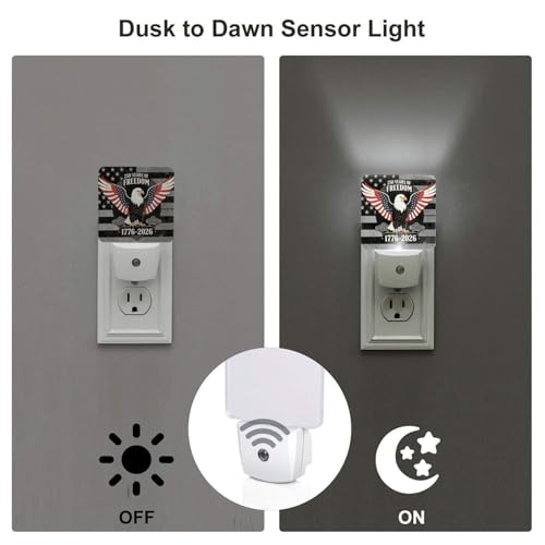 Image of 250 Years Anniversary of USA Night Light Set of 2, Patriotic Eagle Auto Sensor LED Dusk-to-Dawn Nightlights, Plug-in Sensor Lamp for Bedroom Bathroom Kitchen Hallway Stairs Decorative