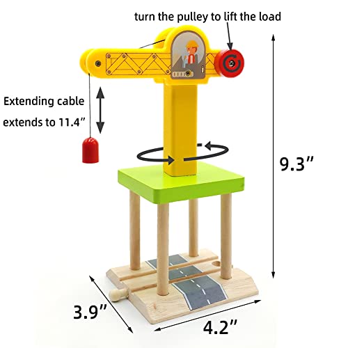Wooden Train Track Accessories Wooden Crane Toy Set with Train Cars for 3 4 5 Year Old Boys Kids Other Major Wooden Rail Brands are Compatible (Multi-function Crane) - Thumbnail 2