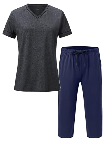 MoFiz Pyjama Femme Coton Ensemble de Pyjama Corsaire Femme Été Doux Vêtements de Nuit Pyjama avec Poche GrisBleu XXL