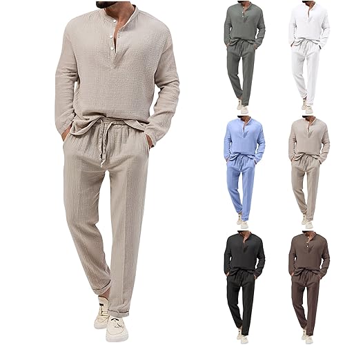 Cambkatl Fall Lounge Sets for Men Cotton Linen Casual Henley Shirts & Pants Two Piece Beach Vacation Outfits2